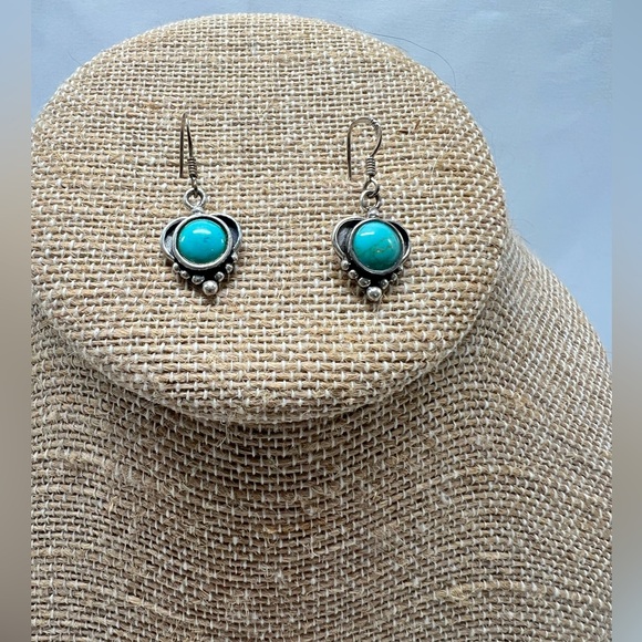Round Turquoise & Sterling Silver dangle Earrings - Picture 1 of 4